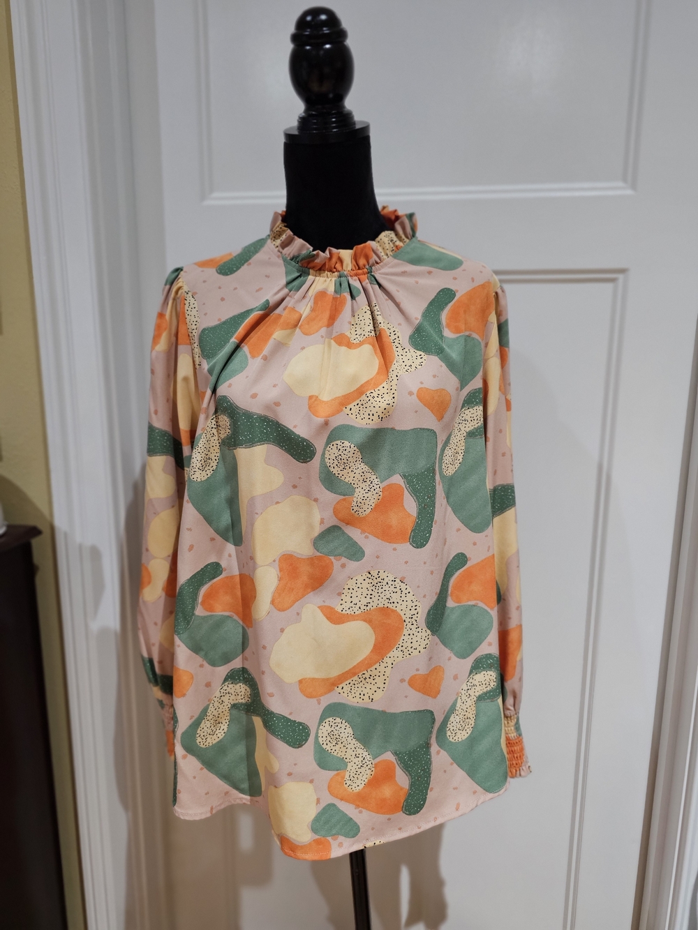 JODIFL Abstract Print Mock-Neck Blouse in Pink, Green & Orange